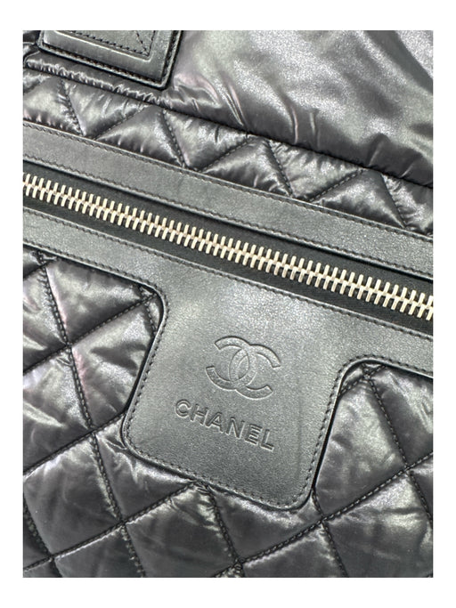 Chanel Black & Burgundy Nylon & Leather Zip Close Puffer Logo Top Handle Bag Black & Burgundy / Medium