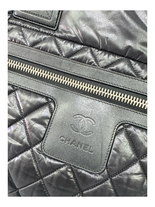 Chanel Black & Burgundy Nylon & Leather Zip Close Puffer Logo Top Handle Bag Black & Burgundy / Medium