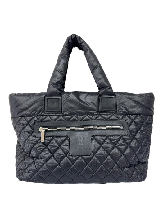 Chanel Black & Burgundy Nylon & Leather Zip Close Puffer Logo Top Handle Bag Black & Burgundy / Medium