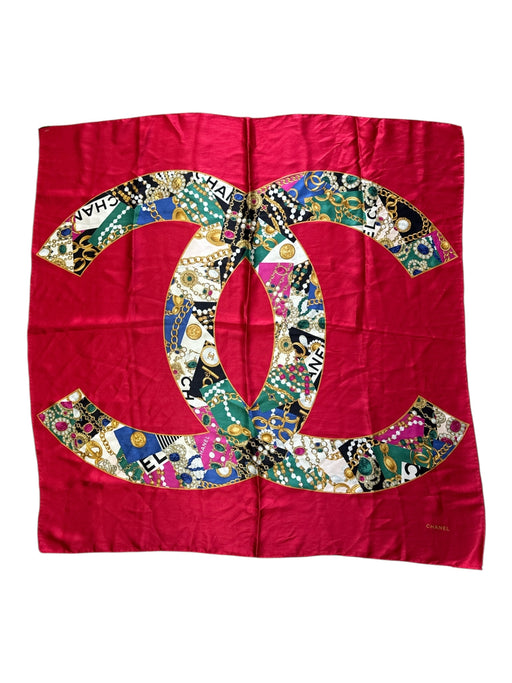 Chanel Red, Green, Multi Silk Jewelry Print Interlocking C Logo Square scarf Red, Green, Multi / One Size