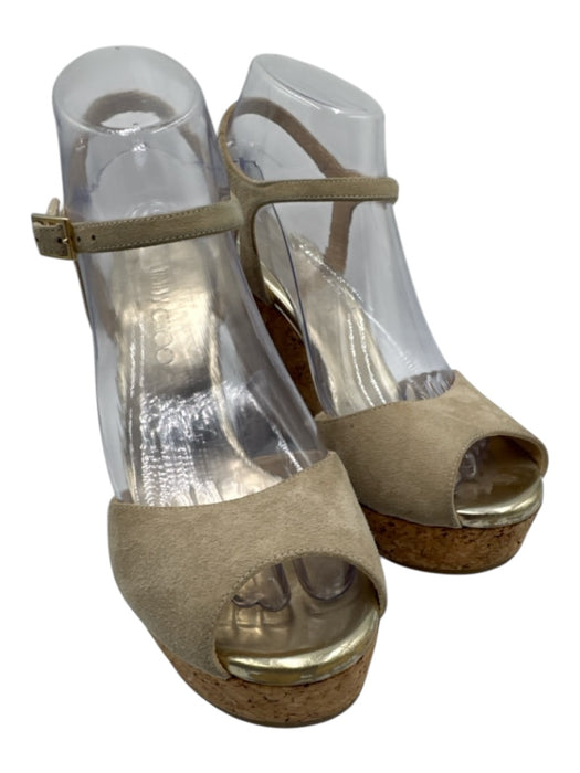 Jimmy Choo Shoe Size 38.5 Beige Suede Cork Platform Peep Toe Wedge Sandals Beige / 38.5
