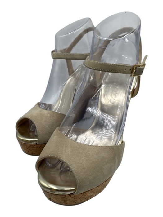 Jimmy Choo Shoe Size 38.5 Beige Suede Cork Platform Peep Toe Wedge Sandals Beige / 38.5