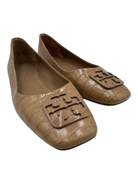 Tory Burch Shoe Size 7.5 Beige Brown Patent Leather Croc Embossed Logo Flats Beige Brown / 7.5