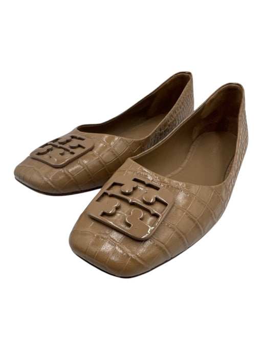 Tory Burch Shoe Size 7.5 Beige Brown Patent Leather Croc Embossed Logo Flats Beige Brown / 7.5