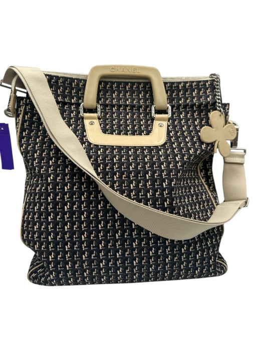 Chanel Black, Beige & Blue Canvas Leather Clover Vintage Bag Black, Beige & Blue / Large