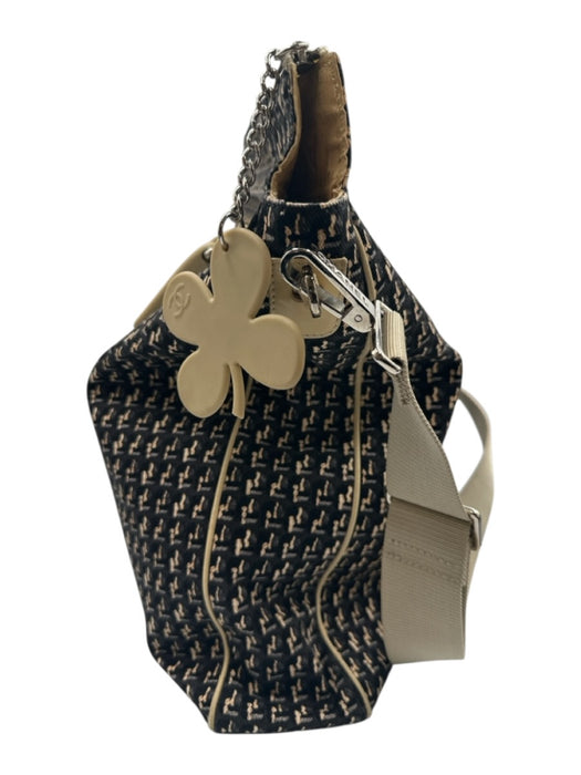 Chanel Black, Beige & Blue Canvas Leather Clover Vintage Bag Black, Beige & Blue / Large
