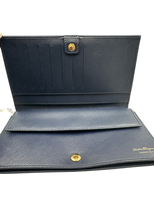 Ferragamo Navy Leather Bow Coated Gold Hardware Wallet on a Chain Bag Navy / XS
