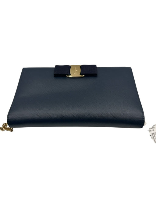 Ferragamo Navy Leather Bow Coated Gold Hardware Wallet on a Chain Bag Navy / XS