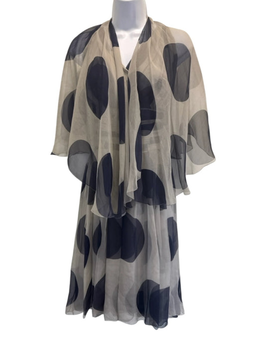 Chanel Size 36 Gray & Navy Silk Abstract Sheer Vintage Scarf Included Skirt Set Gray & Navy / 36