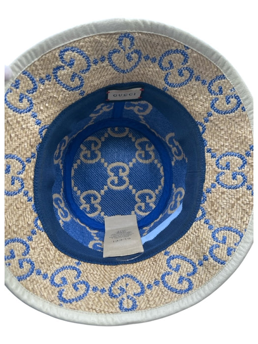 Gucci Tan & blue Straw Monogram Raffia Bucket Hat Tan & blue / Small