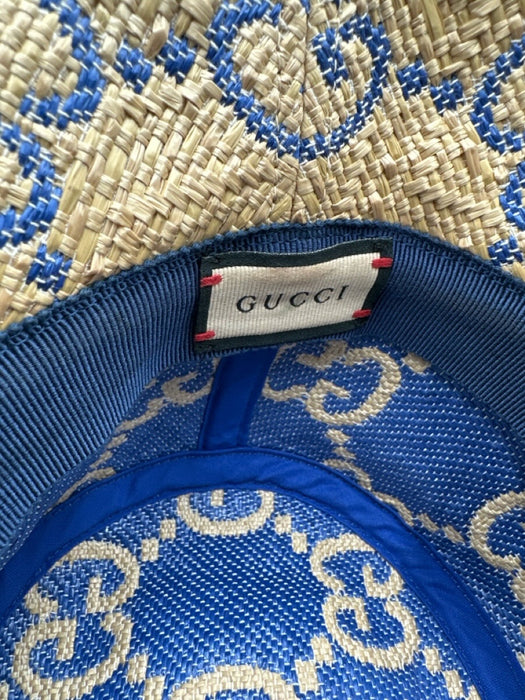 Gucci Tan & blue Straw Monogram Raffia Bucket Hat Tan & blue / Small