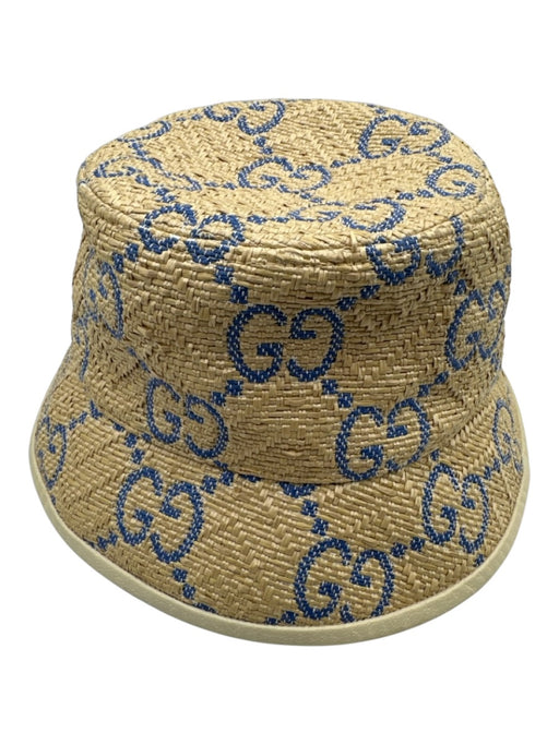 Gucci Tan & blue Straw Monogram Raffia Bucket Hat Tan & blue / Small