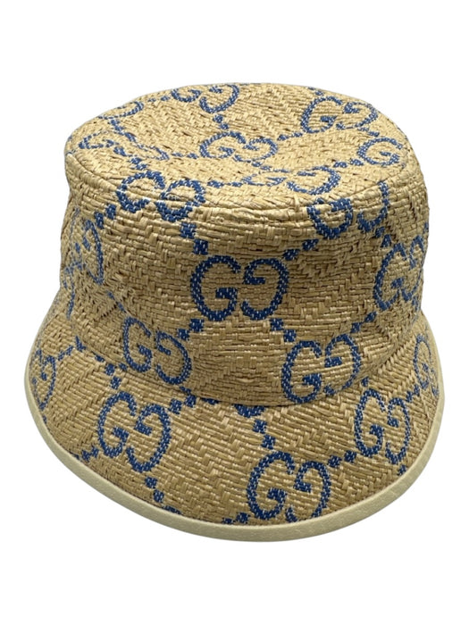 Gucci Tan & blue Straw Monogram Raffia Bucket Hat Tan & blue / Small