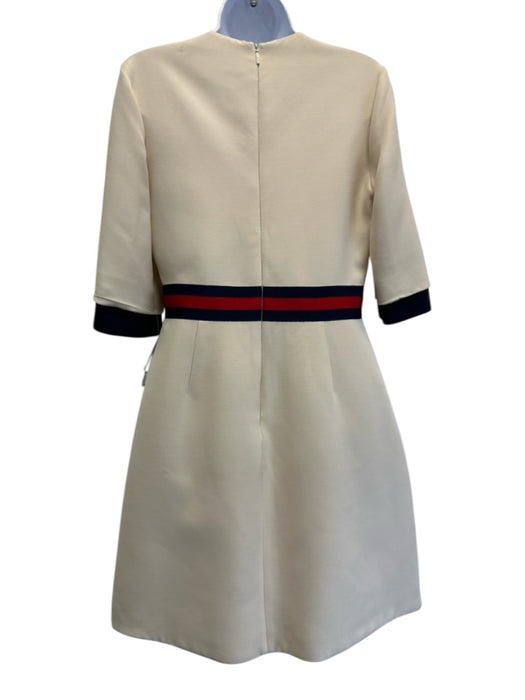 Gucci Size 44 Cream Wool & Silk Blend Web Stripe 3/4 Sleeve Back Zip Dress Cream / 44