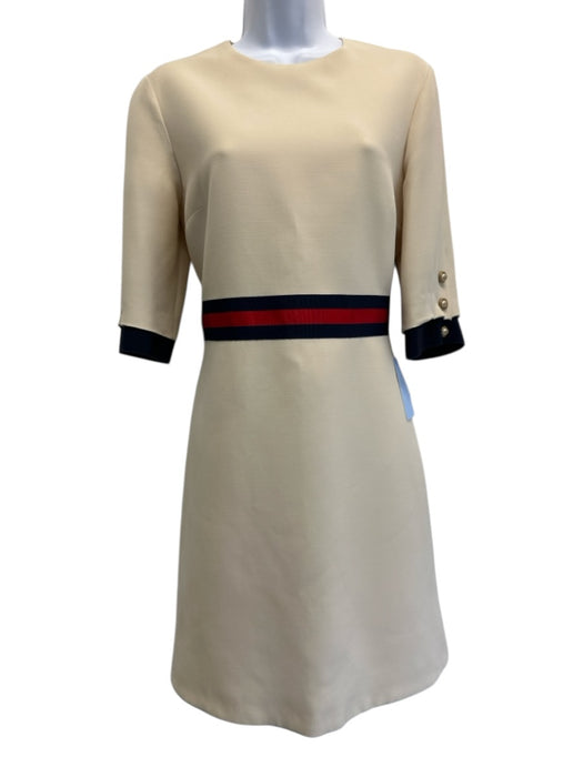 Gucci Size 44 Cream Wool & Silk Blend Web Stripe 3/4 Sleeve Back Zip Dress Cream / 44