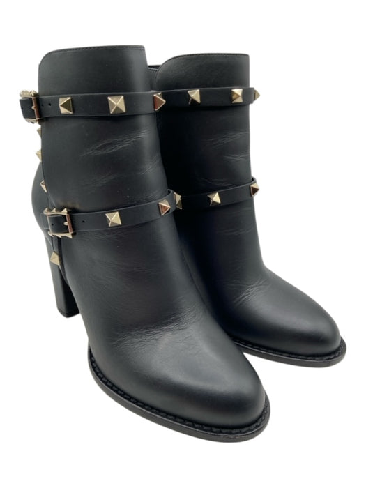Valentino Shoe Size 37.5 Black Leather Rockstud Pyramid Studs Block Heel Booties Black / 37.5