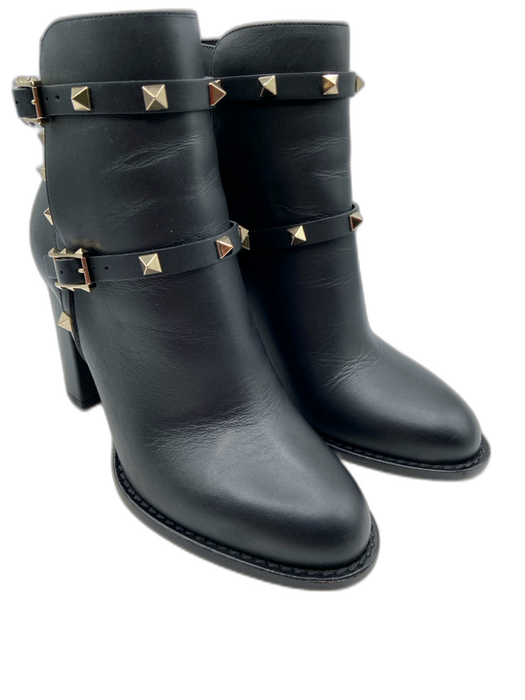 Valentino Shoe Size 37.5 Black Leather Rockstud Pyramid Studs Block Heel Booties Black / 37.5