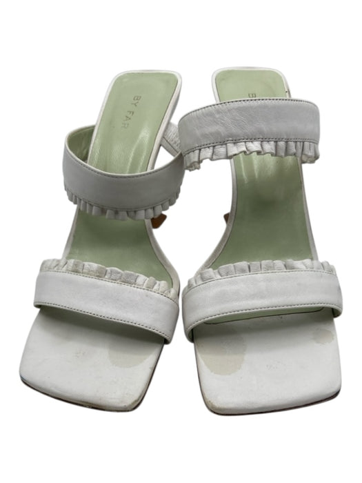 By Far Shoe Size 37 White Leather Ruffle Detail Square Toe Open Toe Mule Sandals White / 37