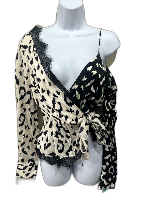 Self Portrait Size 4 Black & White Viscose Animal Print Surplice Lace Trim Top Black & White / 4