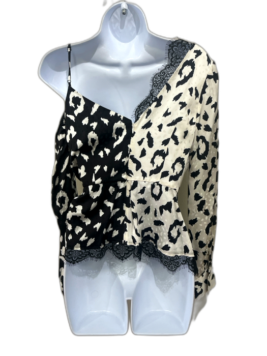 Self Portrait Size 4 Black & White Viscose Animal Print Surplice Lace Trim Top Black & White / 4