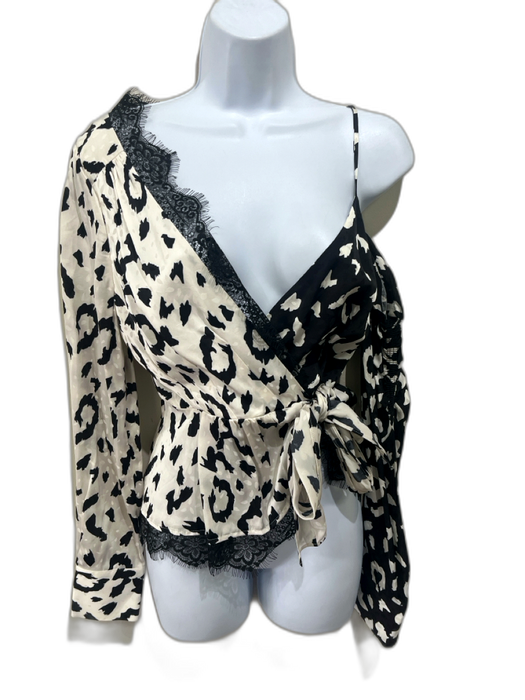 Self Portrait Size 4 Black & White Viscose Animal Print Surplice Lace Trim Top Black & White / 4