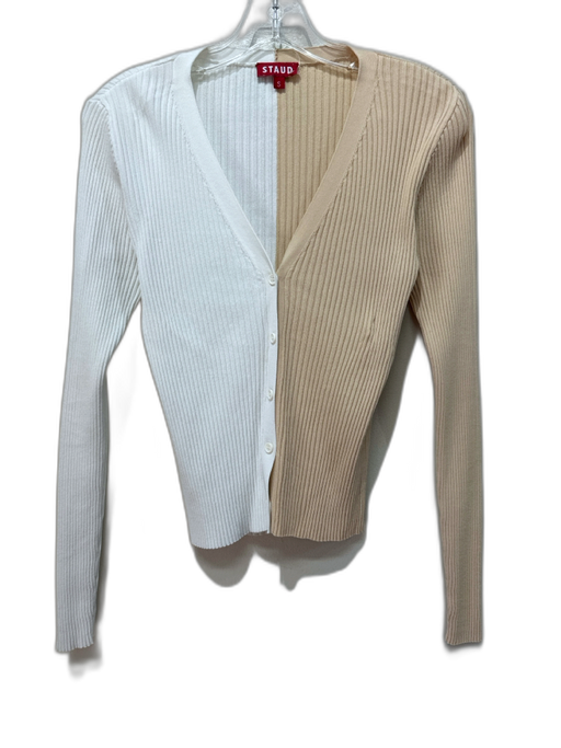 Staud Size S White & Beige Viscose Ribbed Knit Color Block Button Cardigan White & Beige / S