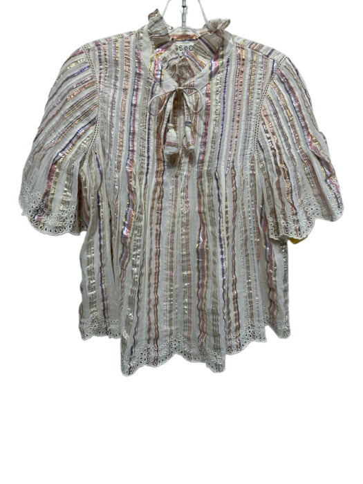 Sea New York Size 4 Cream, Pink & Multi Cotton Short Sleeve Eyelet Trim Top Cream, Pink & Multi / 4