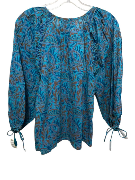Cleobella Size S Turquoise & Brown Cotton Long Balloon Sleeve Abstract Print Top Turquoise & Brown / S