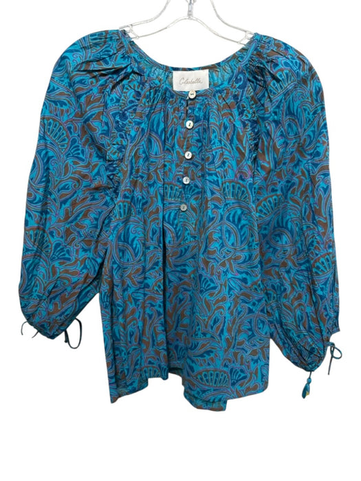 Cleobella Size S Turquoise & Brown Cotton Long Balloon Sleeve Abstract Print Top Turquoise & Brown / S