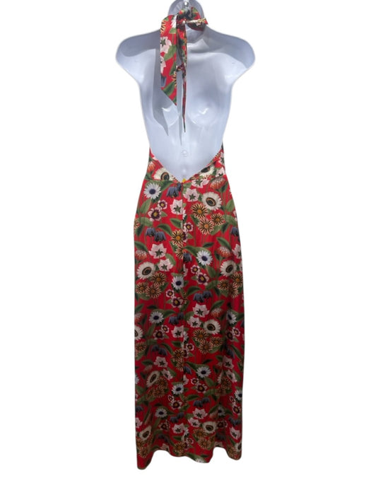 Borgo De Nor Size 8 Red, Green & Multi Silk Satin Floral Halter Keyhole Dress Red, Green & Multi / 8