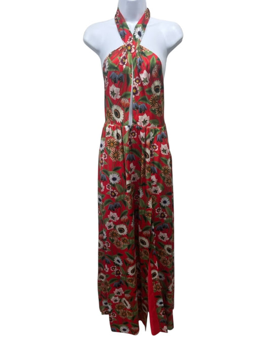 Borgo De Nor Size 8 Red, Green & Multi Silk Satin Floral Halter Keyhole Dress Red, Green & Multi / 8