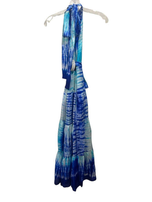 Juliet Dunn Size 1 Blue & Aqua Silk Elastic Waist Tie Dye Halter Dress Blue & Aqua / 1