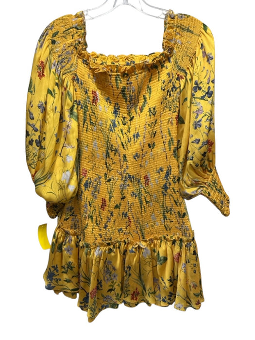 Alexis Size S Golden Yellow Polyester Satin Floral Long Balloon Sleeve Dress Golden Yellow / S