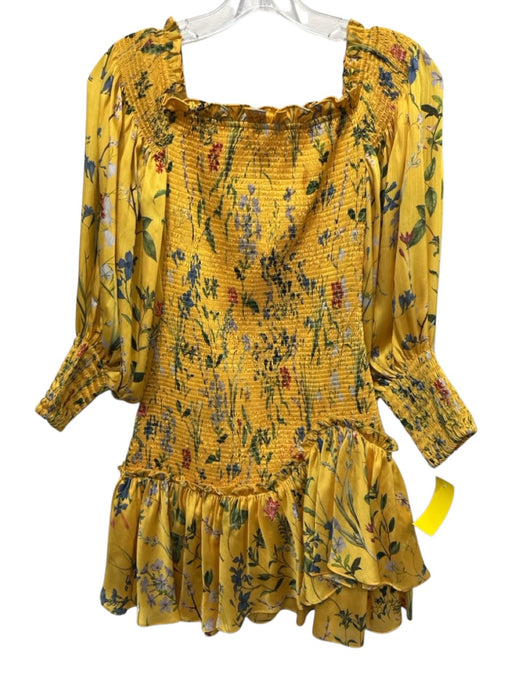 Alexis Size S Golden Yellow Polyester Satin Floral Long Balloon Sleeve Dress Golden Yellow / S