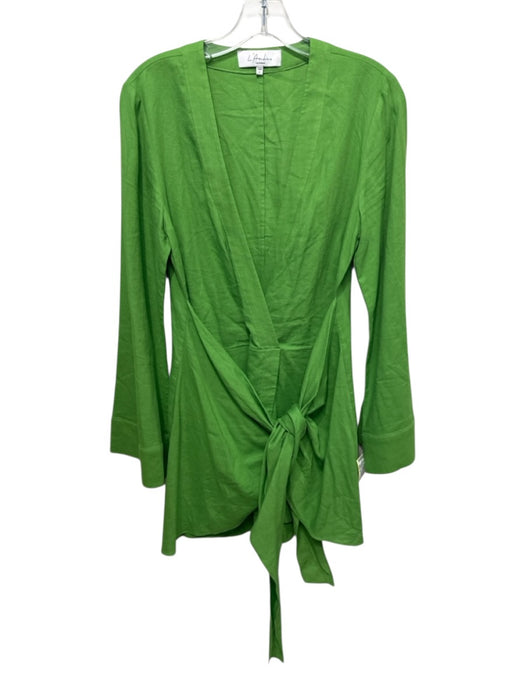 L'Academie Size S Green Linen Long Sleeve Surplice Front Tie Above Knee Dress Green / S