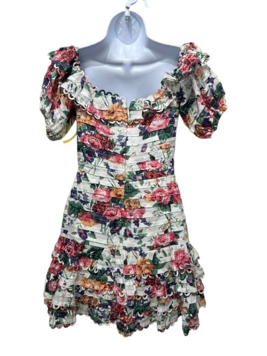 Zimmermann Size 1 Red, Green & Multi Linen Short Balloon Sleeve Floral Dress Red, Green & Multi / 1