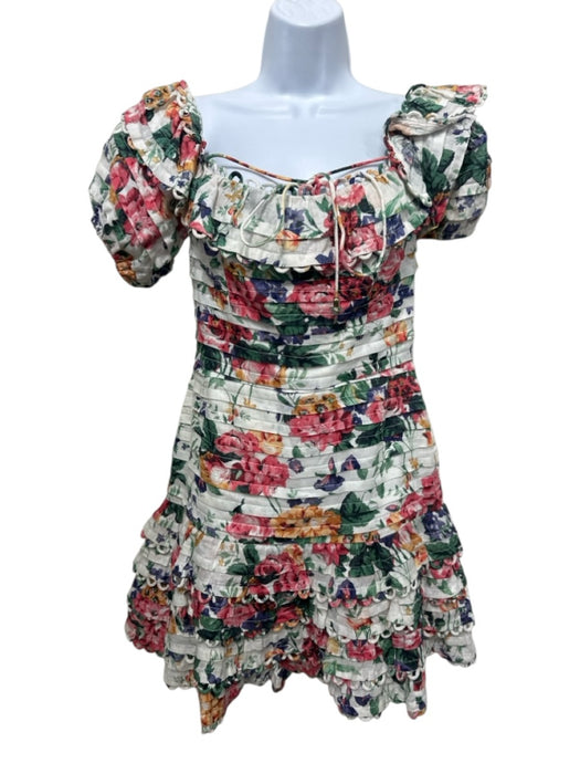 Zimmermann Size 1 Red, Green & Multi Linen Short Balloon Sleeve Floral Dress Red, Green & Multi / 1
