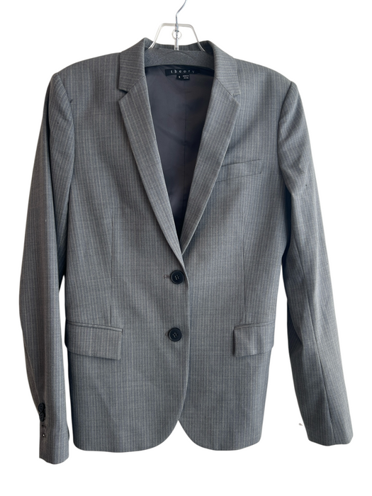 Theory Size 6 Grey Virgin Wool Long Sleeve Pin Stripe Collar Button Front Jacket Grey / 6
