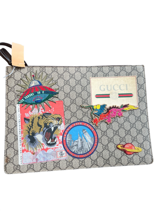 Gucci Brown Canvas & Leather Zip Fly Gucci Monogram Patch Detail Square Bag Brown / M