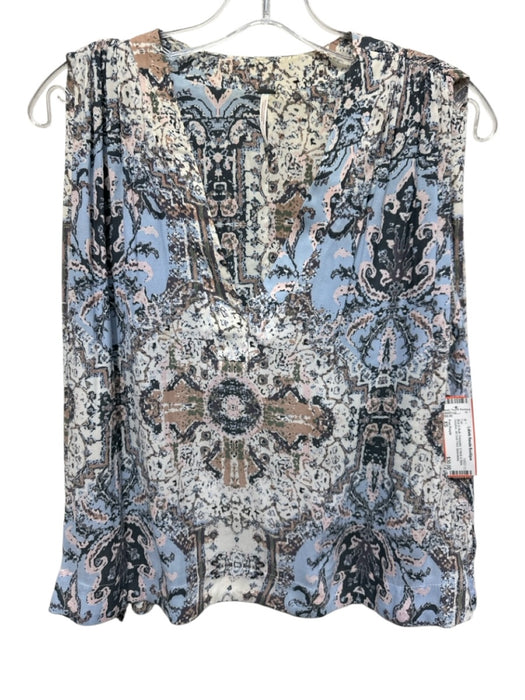 Free People Size XS Blue & Multi Polyester V Neck & Back Surplice Sleeveless Top Blue & Multi / XS