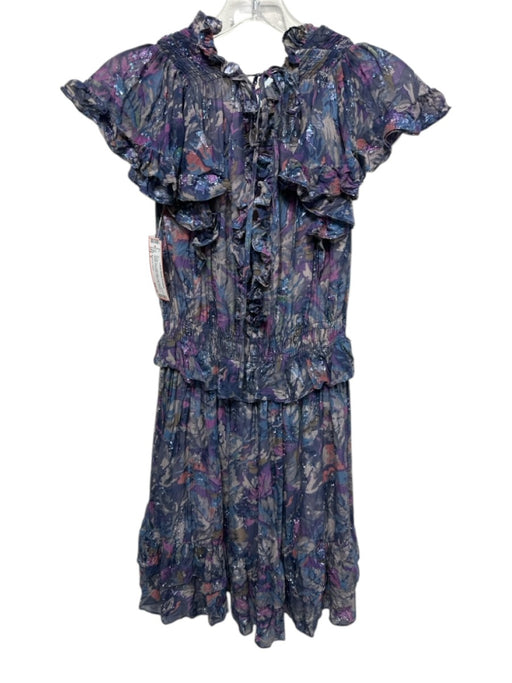 Rebecca Taylor Size S Purple, Blue, Multi Silk Long Sleeve V Neck & Back Dress Purple, Blue, Multi / S
