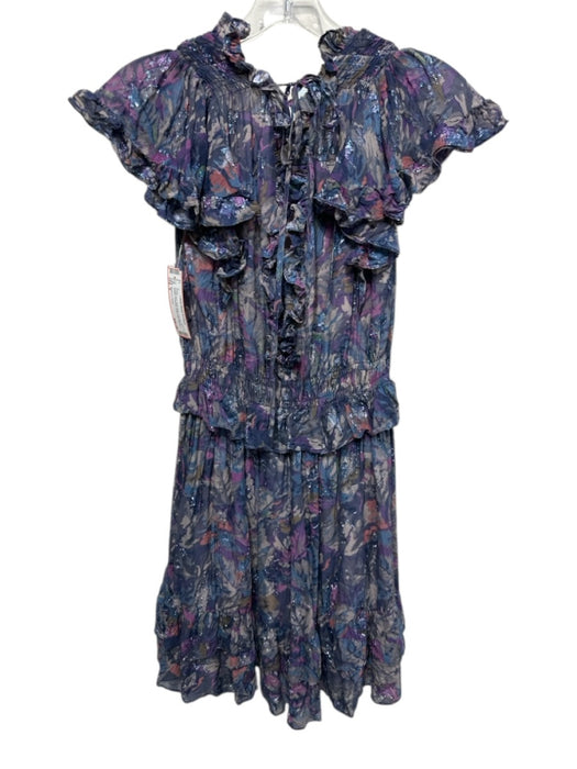 Rebecca Taylor Size S Purple, Blue, Multi Silk Long Sleeve V Neck & Back Dress Purple, Blue, Multi / S