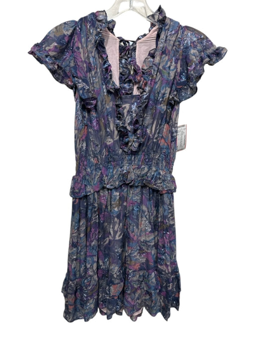 Rebecca Taylor Size S Purple, Blue, Multi Silk Long Sleeve V Neck & Back Dress Purple, Blue, Multi / S
