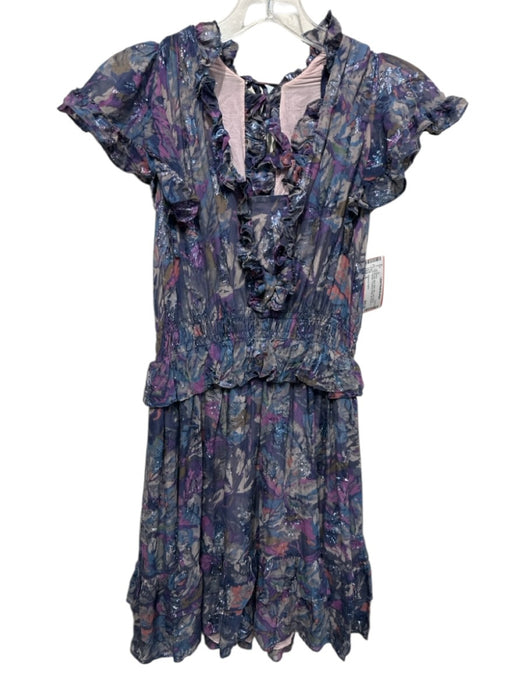 Rebecca Taylor Size S Purple, Blue, Multi Silk Long Sleeve V Neck & Back Dress Purple, Blue, Multi / S