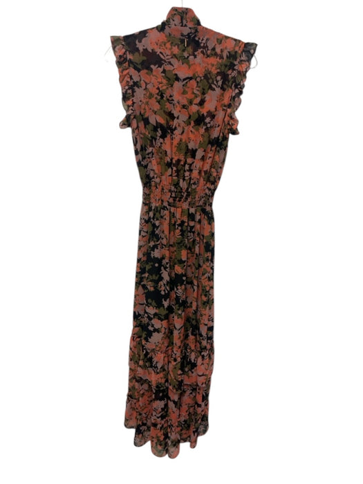 Misa Size M Orange, Green & Black Polyester Chiffon Ruffle Cap Sleeve Maxi Dress Orange, Green & Black / M