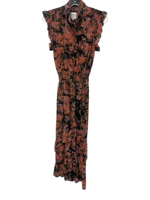 Misa Size M Orange, Green & Black Polyester Chiffon Ruffle Cap Sleeve Maxi Dress Orange, Green & Black / M