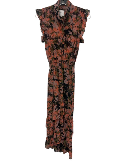 Misa Size M Orange, Green & Black Polyester Chiffon Ruffle Cap Sleeve Maxi Dress Orange, Green & Black / M