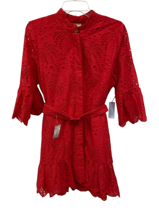 Farm Rio Size M Red Cotton Blend 3/4 Flare Sleeve Eyelet Button Front Dress Red / M