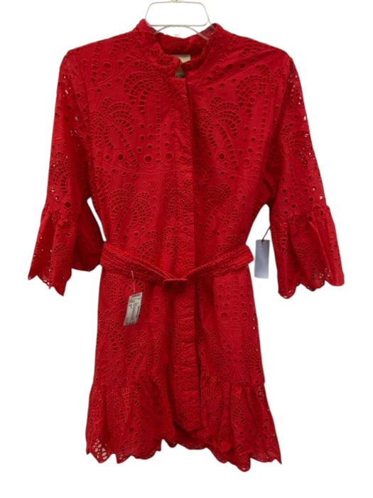 Farm Rio Size M Red Cotton Blend 3/4 Flare Sleeve Eyelet Button Front Dress Red / M
