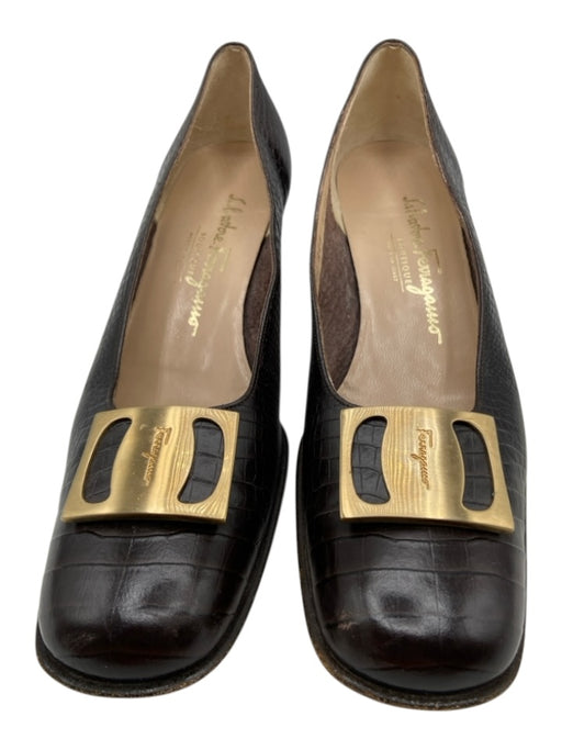 Salvatore Ferragamo Shoe Size 8.5 Brown Leather Snake Embossed Round Toe Shoes Brown / 8.5